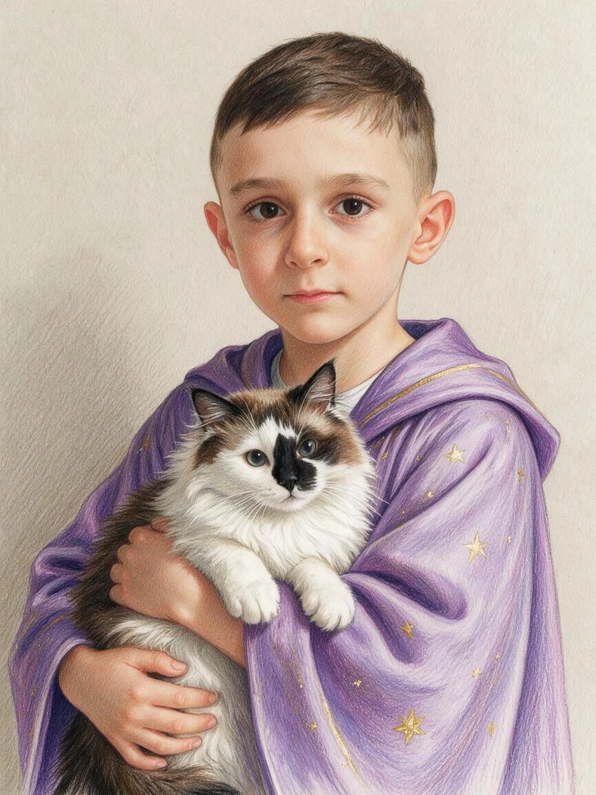 Нарисуй красочную детскую фотореалистичную илюстрацию:Портрет , Артемий , одетый в сиреневую магическую мантию , украшенную золотыми звездами , держит на руках кота Барсика .…