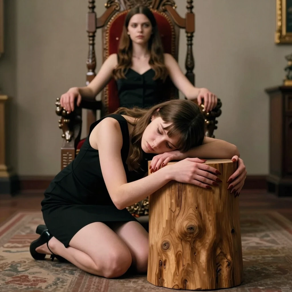 She is on her knees. To her right stands a wide wooden block in the shape of a sawn‑off stump. The girl has placed her head on this block and wrapped her arms around it from the…
