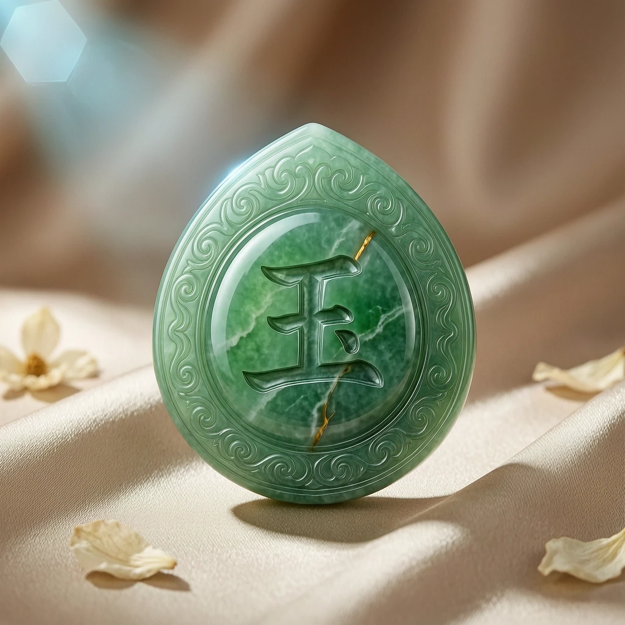 Generate a realistic 3D video logo. The central element is the Chinese character 玉 (yù), carved into a translucent jade stone. The stone is shaped like a traditional Chinese…