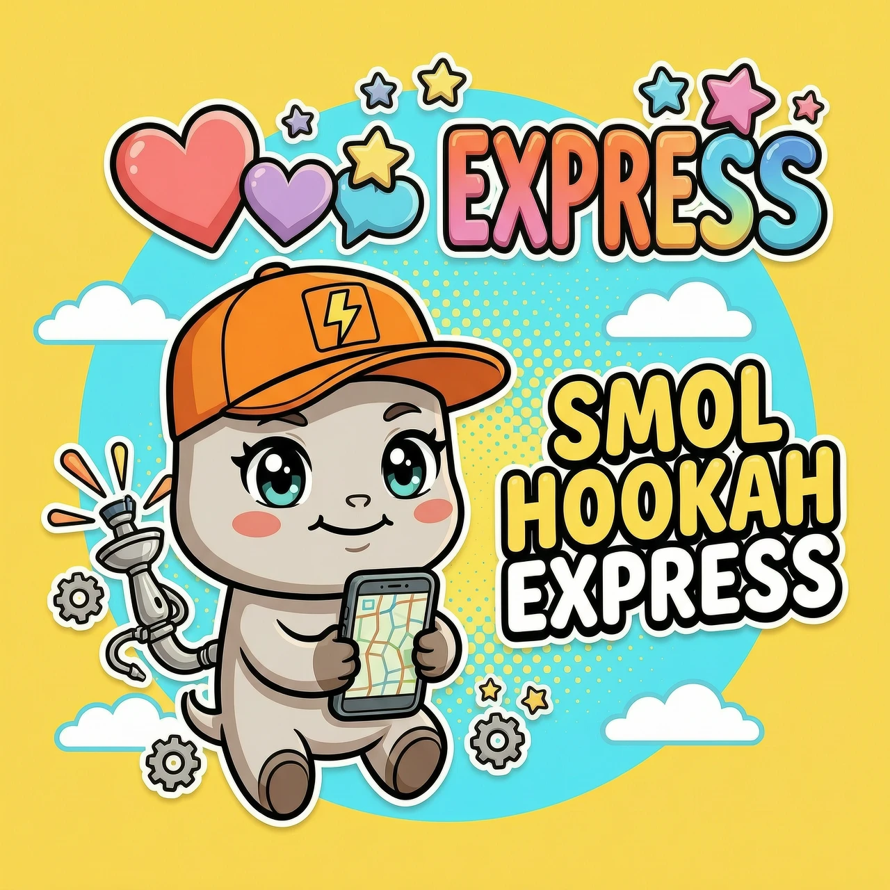 *"Детальный логотип-персонаж для 'Smol Hookah Express' в стиле современной плоской иллюстрации с жирными контурами (толщина линии 4pt). Главный герой —…
