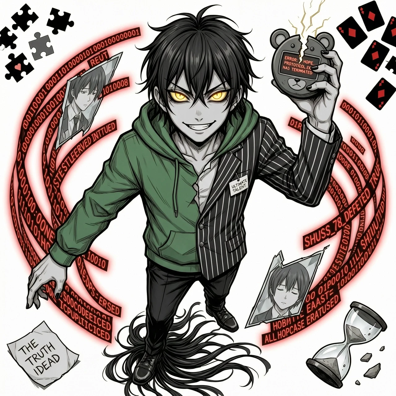 Danganronpa mastermind reveal art style. The Ultimate Talent Mimic, Shinu, stands in a dramatic, evil anime villain pose. He has messy black hair, sharp piercing golden eyes,…