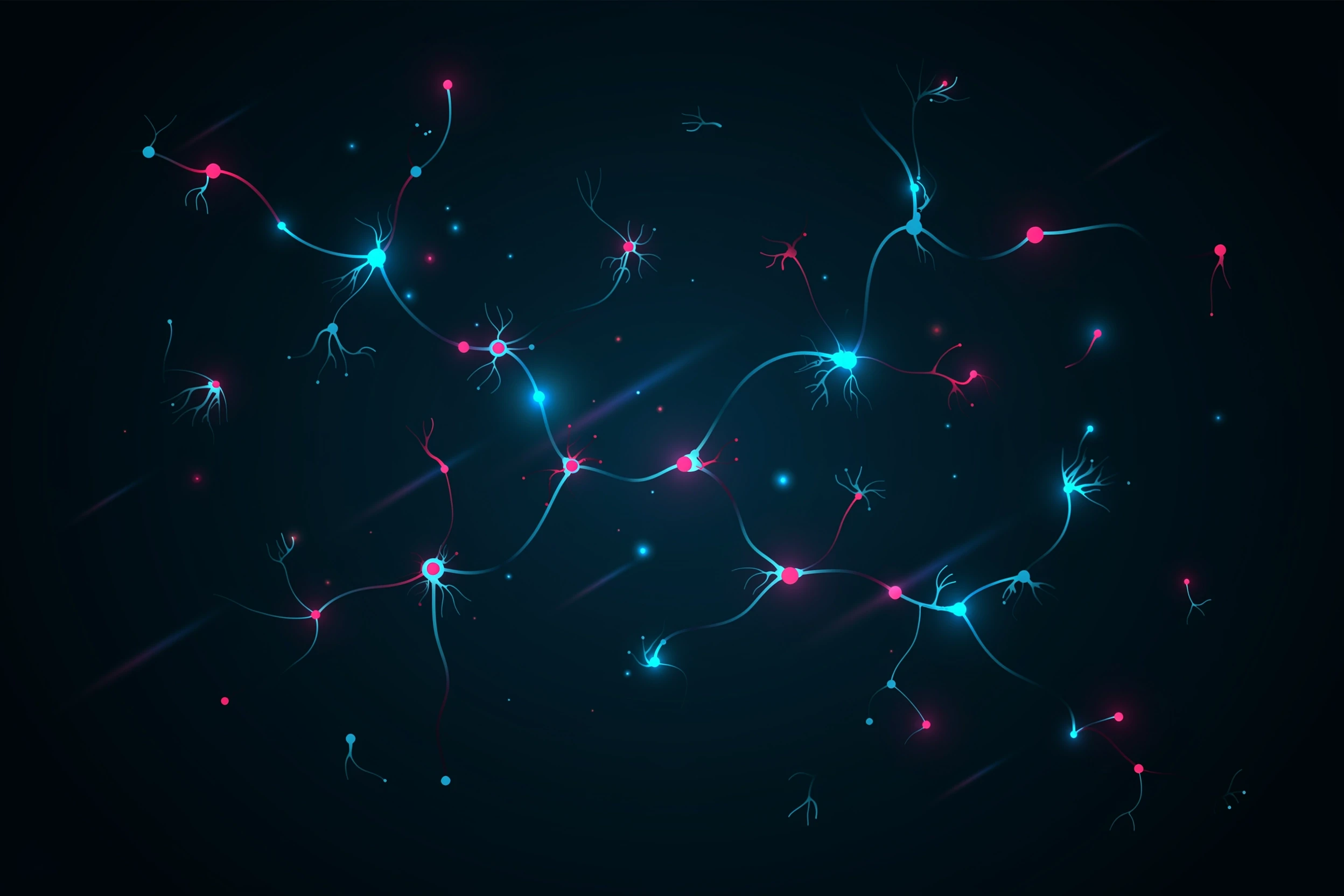 Seamless tileable repeating pattern of intricate glowing cyan and magenta neural networks with interconnected nodes, synaptic connections, floating luminous data particles and…