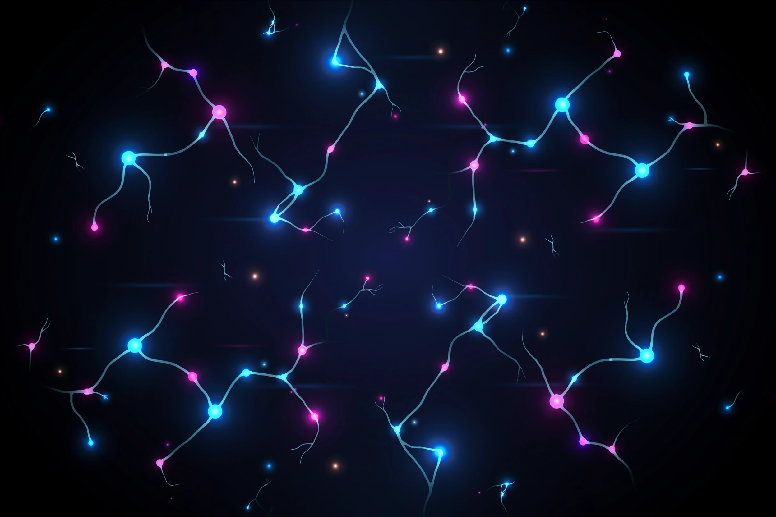 Seamless tileable repeating pattern of intricate glowing cyan and magenta neural networks with interconnected nodes, synaptic connections, floating luminous data particles and…