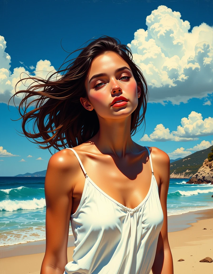 A masterpiece in the style of the 1980s, featuring clean lines, dynamic brushstrokes, and rich textures against a backdrop with a nostalgic vibe, possibly with subtle patterns…