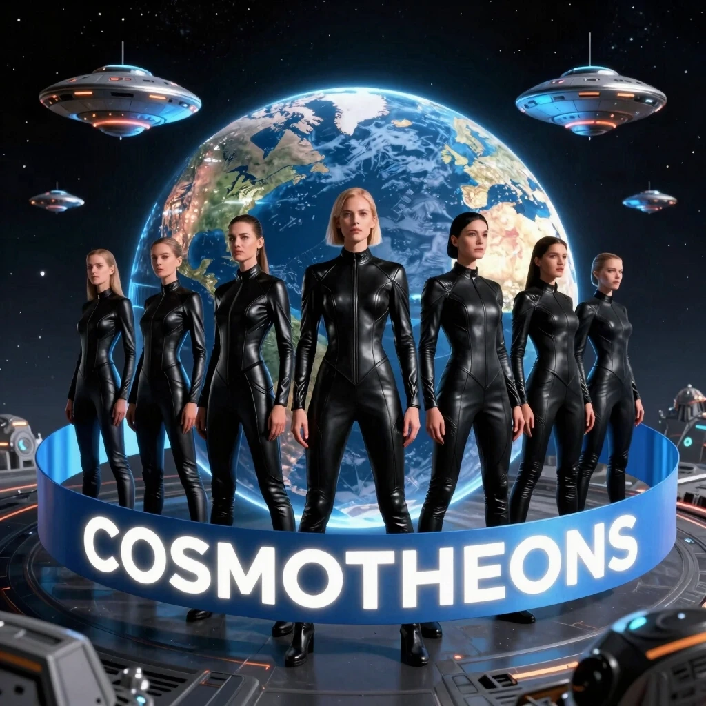 На фоне земного шара и космоса стоят люди в чёрных облегающих кожаных костюмах. Вверху - НЛО. Внизу лента, обхватывающая людей и земной шар, с текстом "COSMOTHEONS". —…