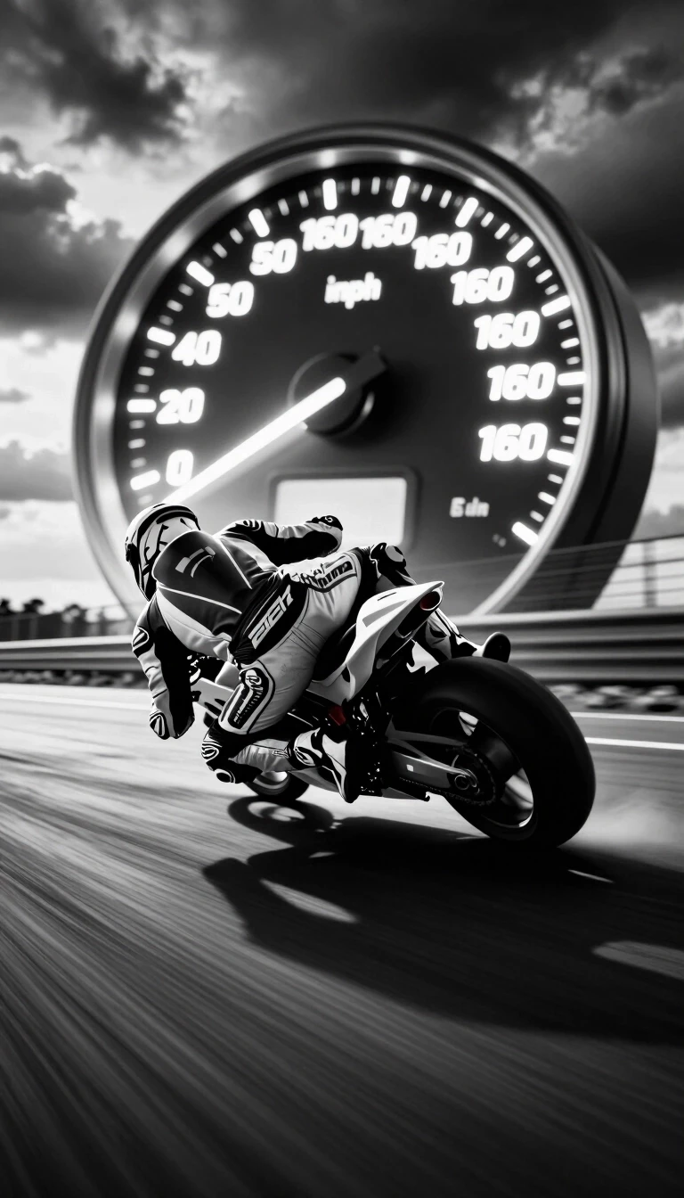 A dynamic, black and white, low-angle shot of a motorcycle racer in full gear, leaning into a turn on a blurred racetrack. A glowing speedometer with the needle pointing to 160…