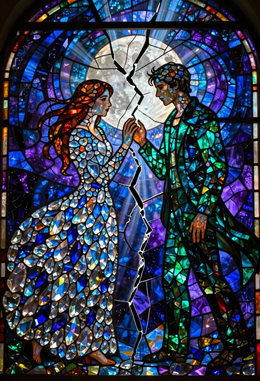 A breathtaking surreal mosaic mural rendered in the style of a luminous stained glass window, where the entire scene of "Sad Love" is composed of countless tiny,…