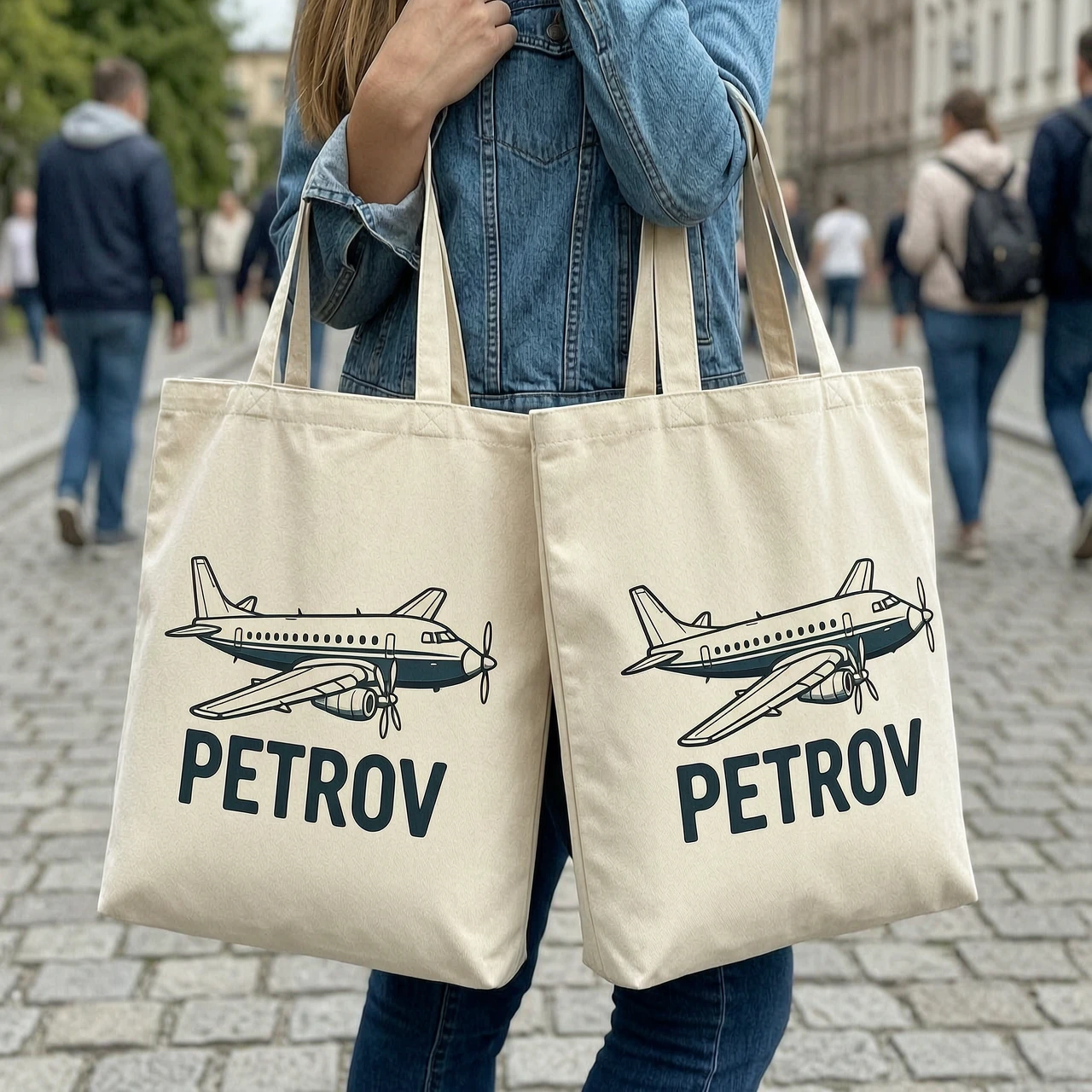 шопперы с рисунком самолёта и надписью PETROV — работа пользователя Оригинальная Искра