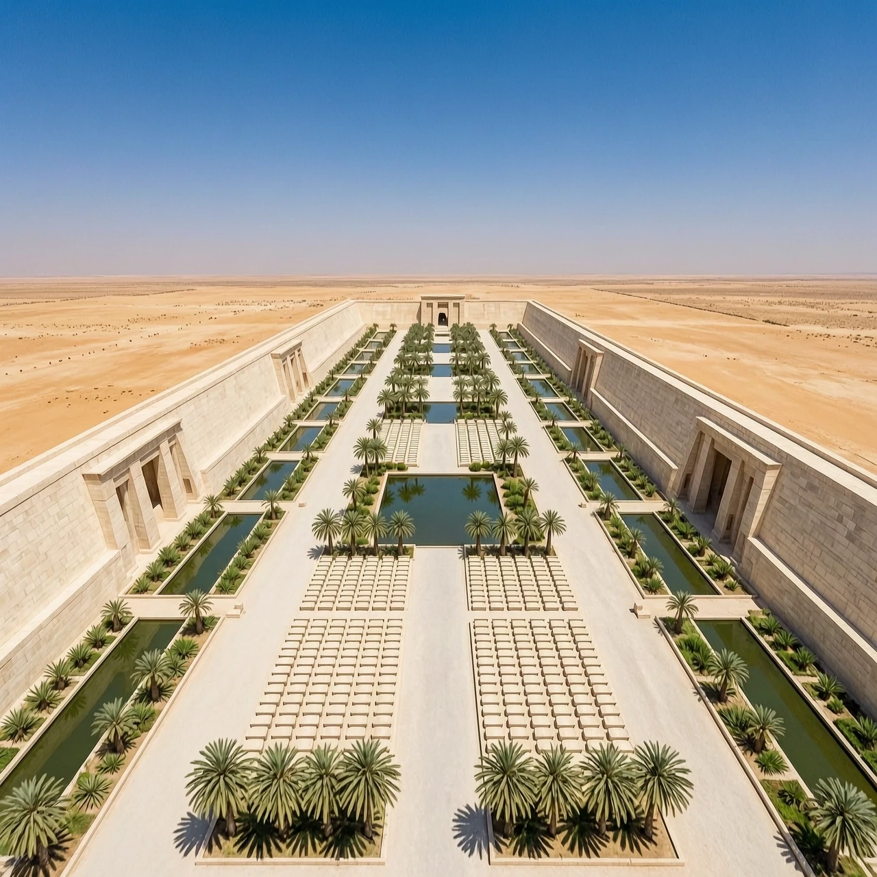 An epic aerial drone shot looking down at the massive Great Temple of Aten in Amarna, Ancient Egypt. High-angle wide panorama showing the immense scale and linear layout of the…