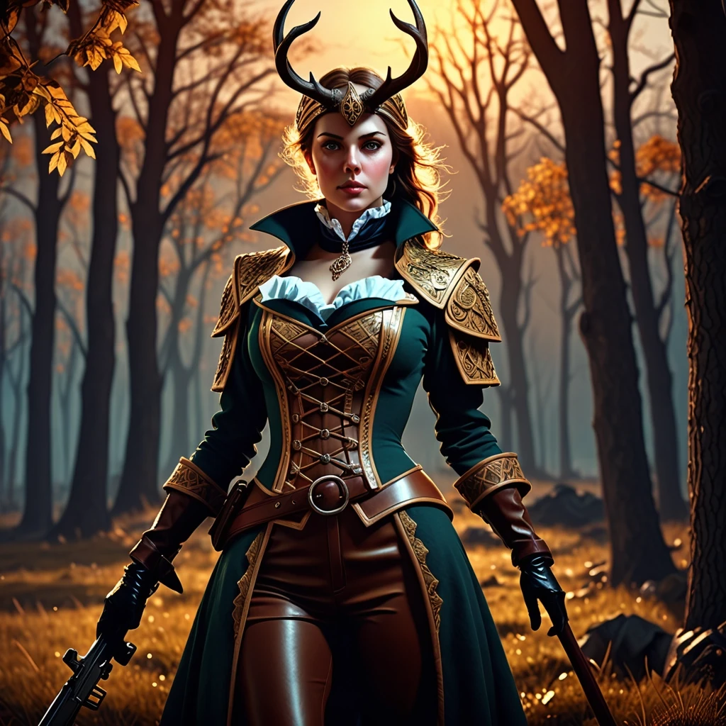 Aristocratic Irresistible Female Hunter, Panorama, Gloomcore, pov, fine artistic composition, magical atmosphere, cinematic perfect intricate stunning fine detail, background…