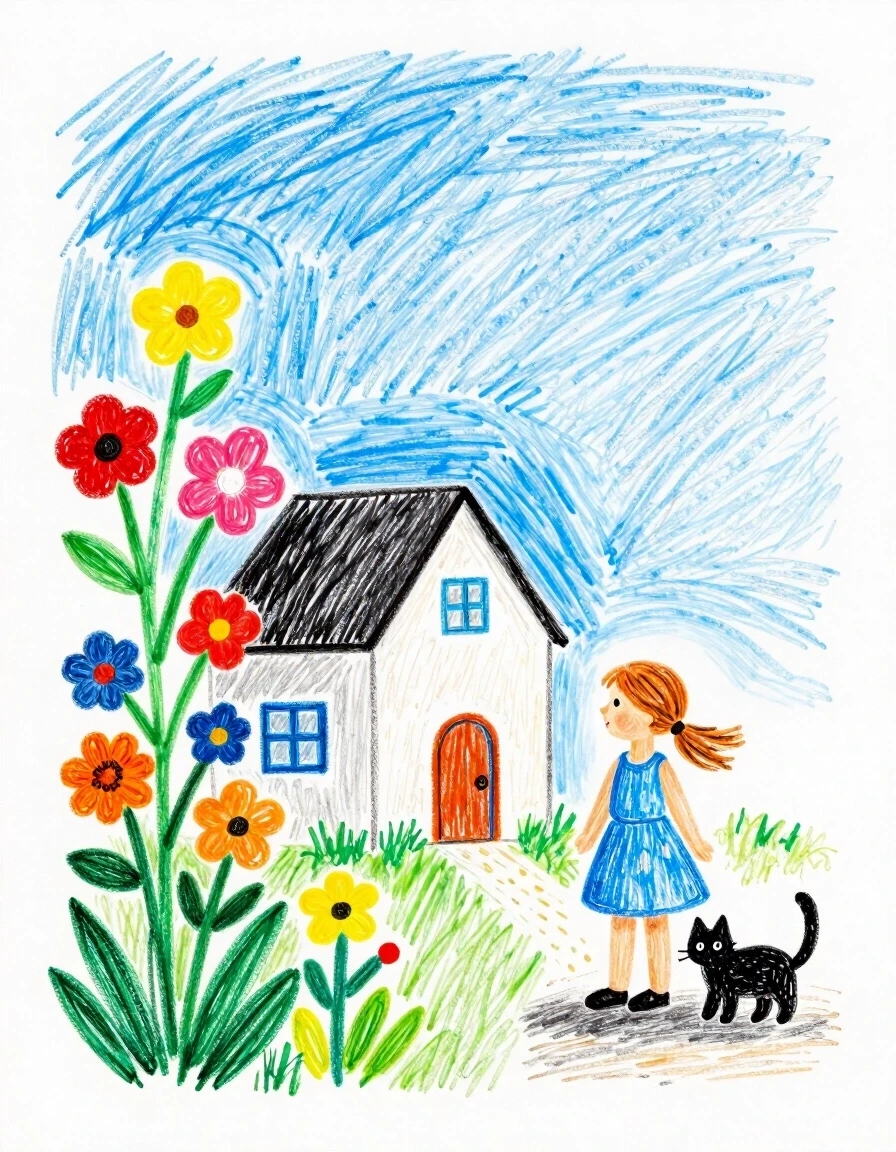 A masterpiece. Creating an image. ((The style is naive graphics in colored pencils. children's drawing of flowers, a house, summer, blue sky, a little girl and a cat:1,6)).…