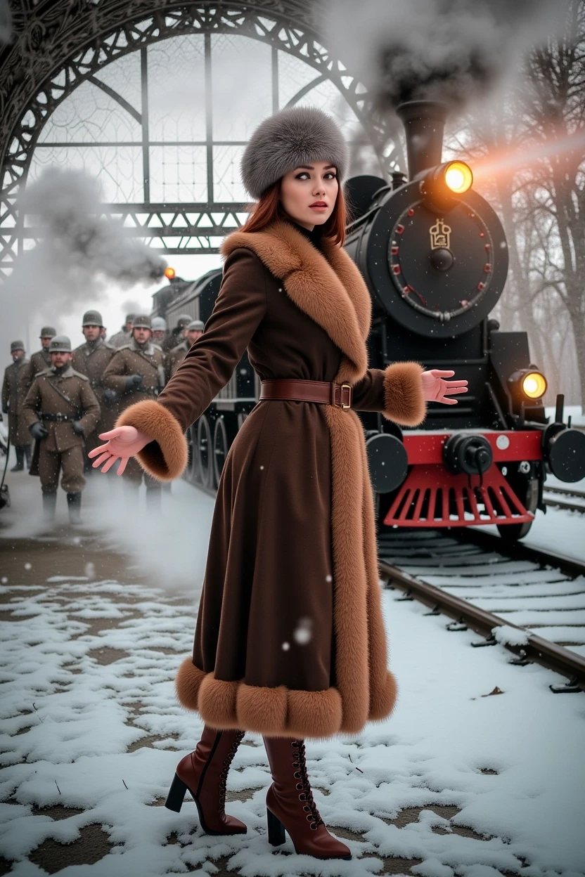 Winter of 1916, it's winter outside, it's snowing lightly, the railway station, the station platform is covered with snow, soldiers with rifles are depicted in high…