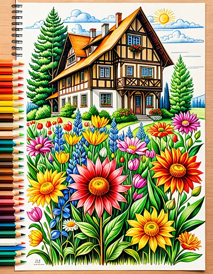 A masterpiece. Creating an image. ((The style is naive graphics in colored pencils. children's drawing of flowers, house, summer:1,6)). High resolution. High detail and…