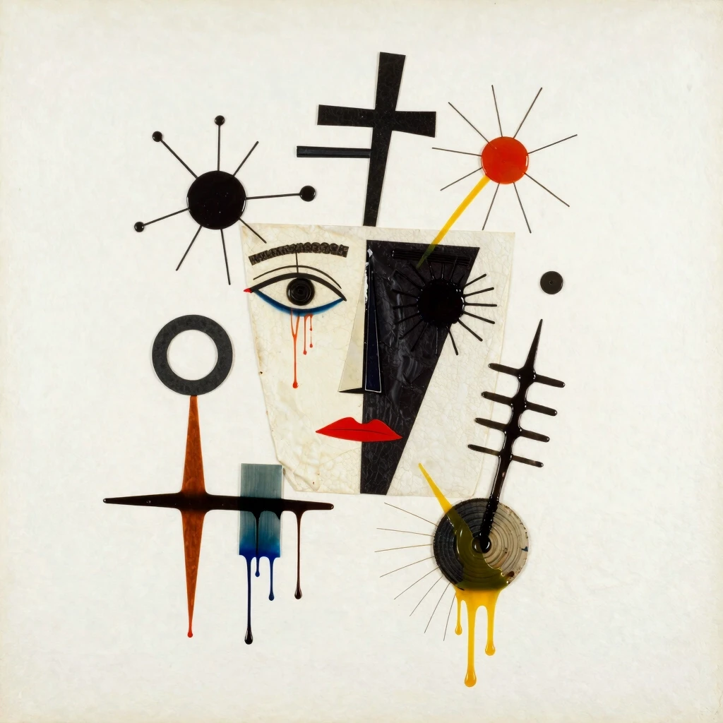 A cryptic, ethereal Dadaist collage from the 1950s is a minimalist, homemade endeavor replete with arcane and impenetrable components. The artwork is smeared with grease,…