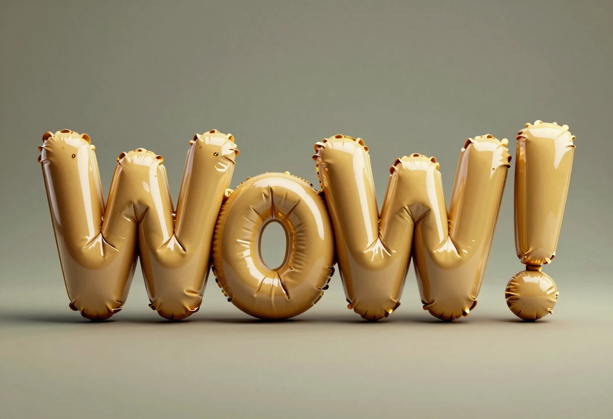 Ultra-inflated glossy latex typography spelling “WoW!”, each letter constructed from oversized pneumatic balloon forms, tightly compressed together with visible tension…