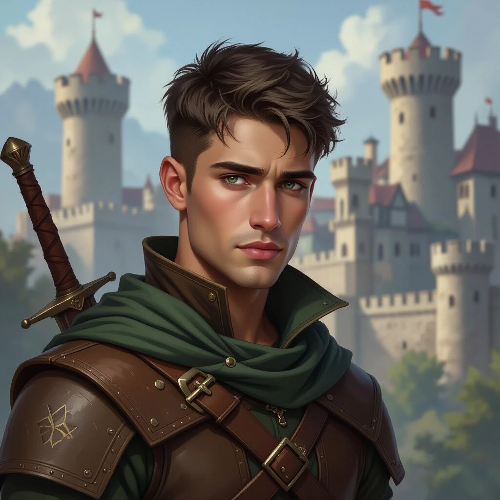 Fantasy illustration: a handsome young man with short hair and sad eyes, dressed as a mercenary, set against the backdrop of a medieval fortress. — работа пользователя Пряный…