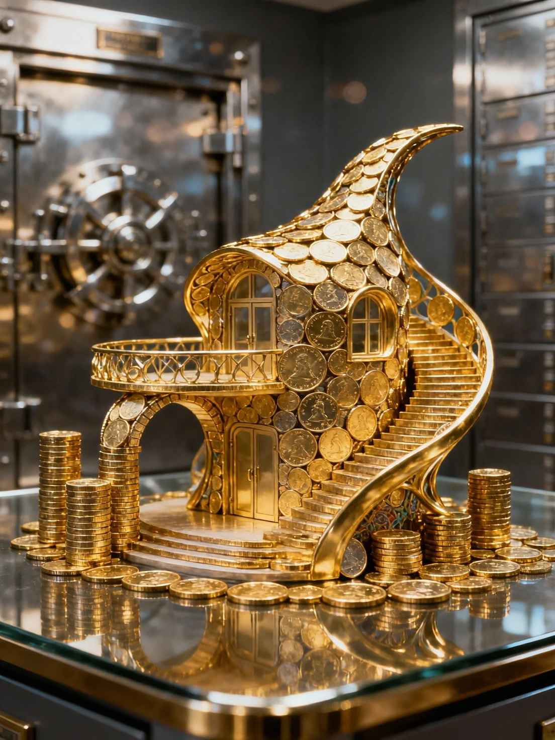 Amazing masterpiece. A mansion made of coins. Gold coins, standing on their edges and lying in stacks, are arranged in futuristic patterns, forming arches, a staircase, a…