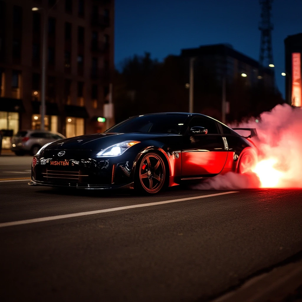 Nissan 350z делает бернаут на главной улице в ночном городе, тормоза раскалились, из колес идет дым — работа пользователя Быстрая Симметрия