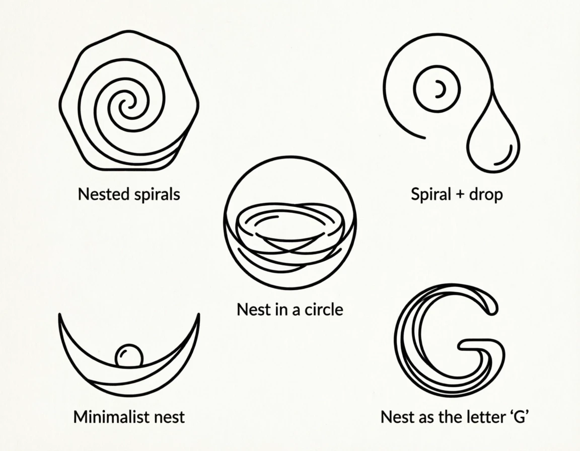 Create 5 vector-style logo concepts for the perfume brand "Gnezdovje" based on the following description (Group 1: The Nest as an Archetype): 1. Nested spirals — three…