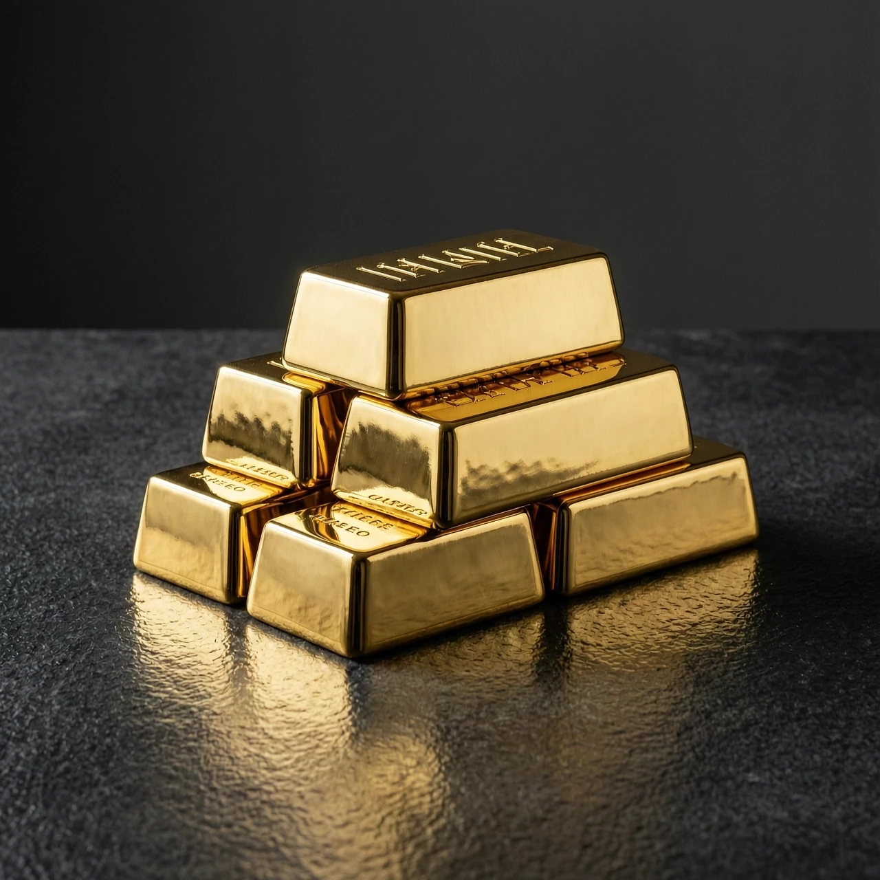 Photorealistic vertical 9:16 image of stacked gold bars on a dark surface, dramatic lighting, reflections, no text, no people. — работа пользователя Прозрачный Заряд