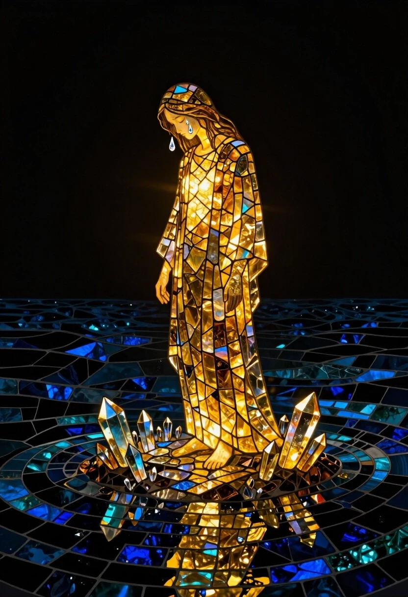 A mesmerizing surreal mosaic artwork in the style of a radiant stained glass masterpiece. The scene depicts a single figure—a lonely soul—standing on a small, floating island of…