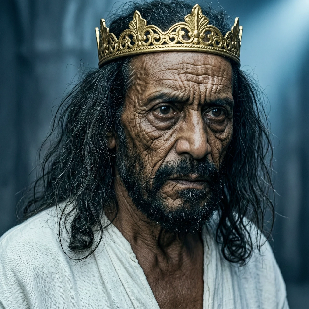 Cinematic close-up portrait of an elderly mixed-race man with tan, sun-kissed skin and sharp, chiseled facial features. His skin is deeply weathered with intricate,…