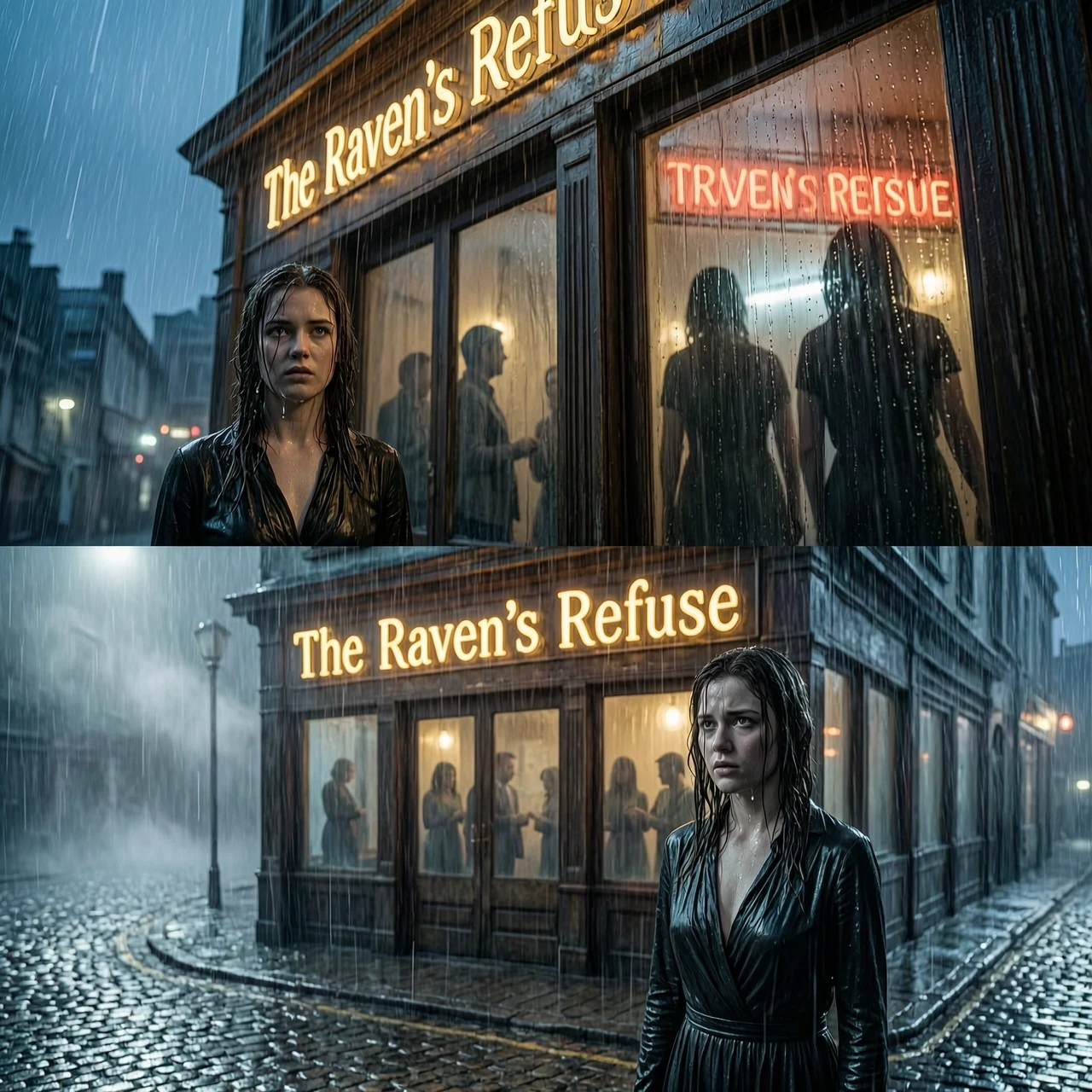 Cinematic mid-distance shot, 8k resolution, heavy film grain, dark fantasy noir aesthetic. A young woman stands motionless across a rain-slicked, uneven cobblestone street from…