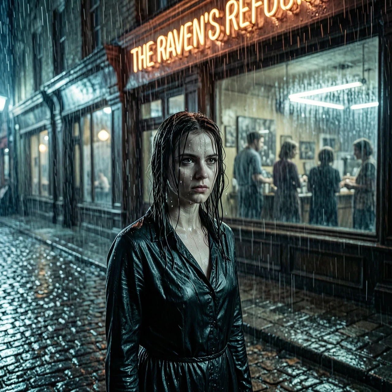 Cinematic mid-distance shot, 8k resolution, heavy film grain, dark fantasy noir aesthetic. A young woman stands motionless across a rain-slicked, uneven cobblestone street from…