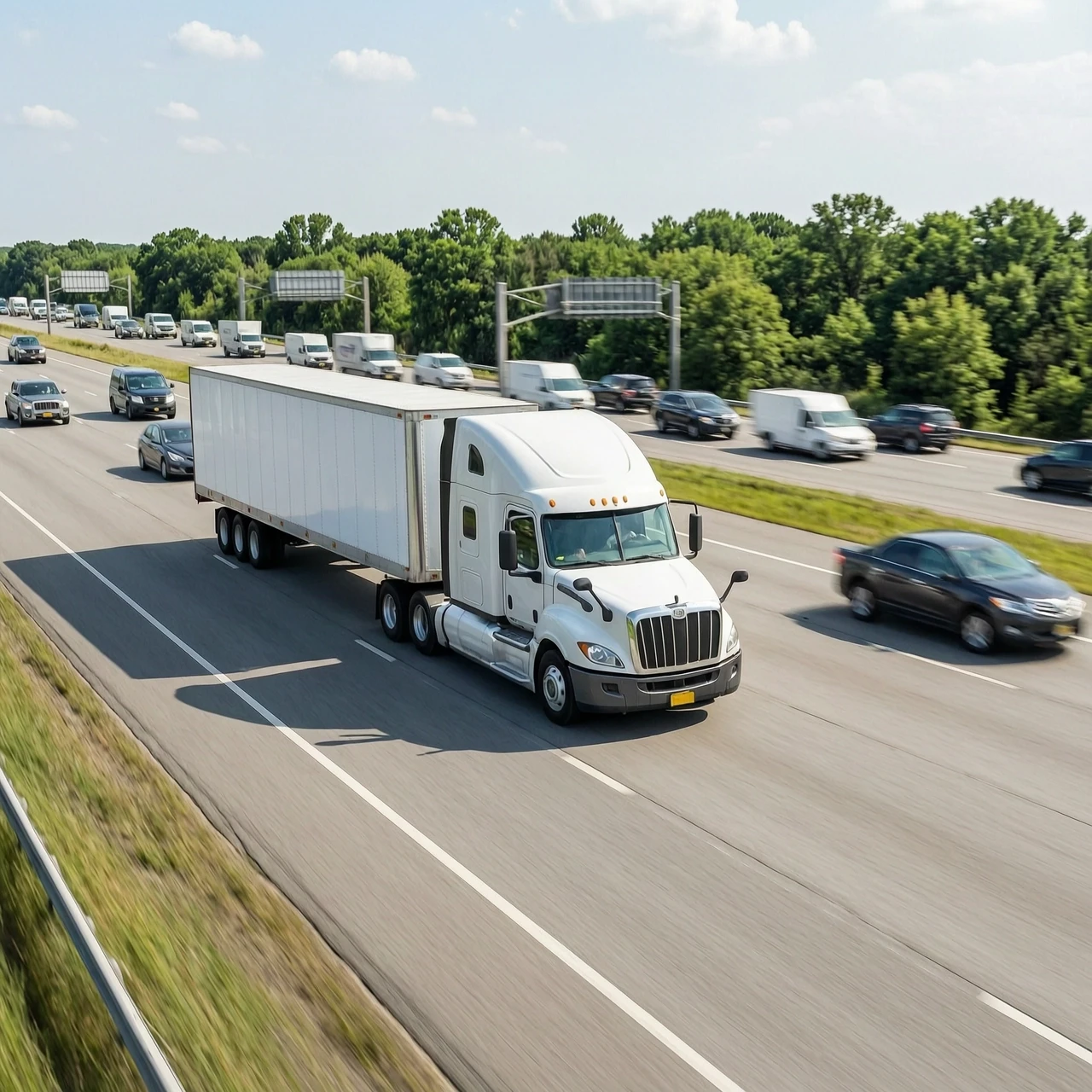 The same semi-truck drives on a highway merging into traffic. Time-lapse effect, motion blur, daytime. — работа пользователя Ослепительная Муза