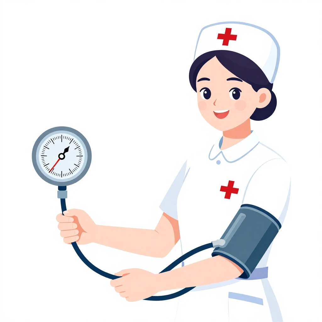 Professional vector graphics on a pristine white background. Nurse smiling, pressure measurement, heart health. — работа пользователя Радужный Чародей