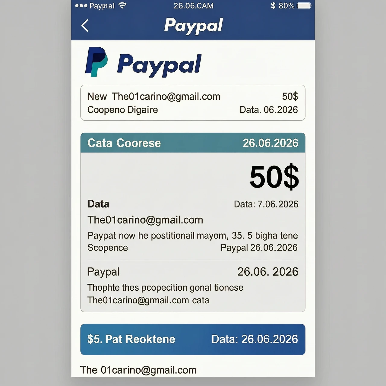 Скриншот счета Paypal по адресу The01carino@gmail.com на сумму 50$ дата 26.06.2026 — работа пользователя Неповторимый Кристалл