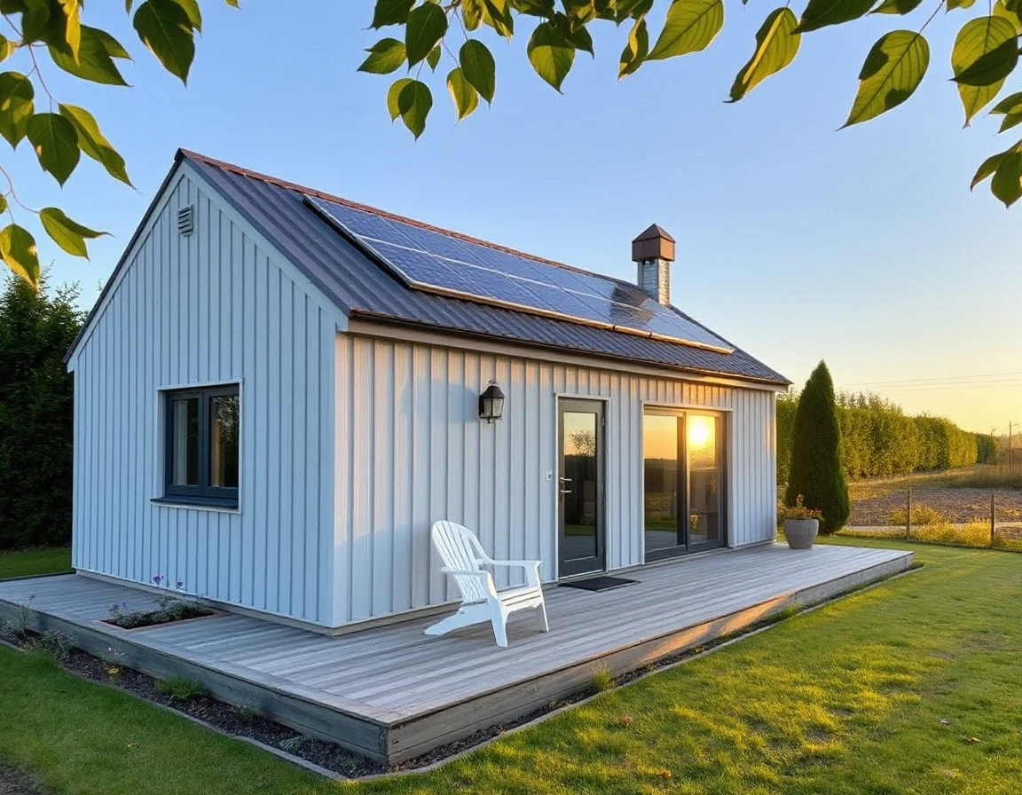 Modern small single-story country frame house, light gray wood facade, cozy terrace with chairs, solar panels, nice garden setting, afternoon sun, realistic. — работа…