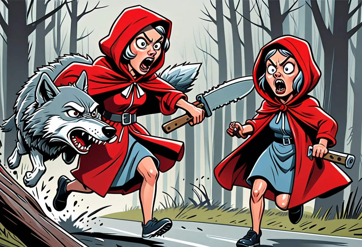 Humorous cartoon caricature style, Little Red Riding Hood with angry furious expression, wearing classic red hooded cloak, running aggressively and chasing the Big Bad Grey…