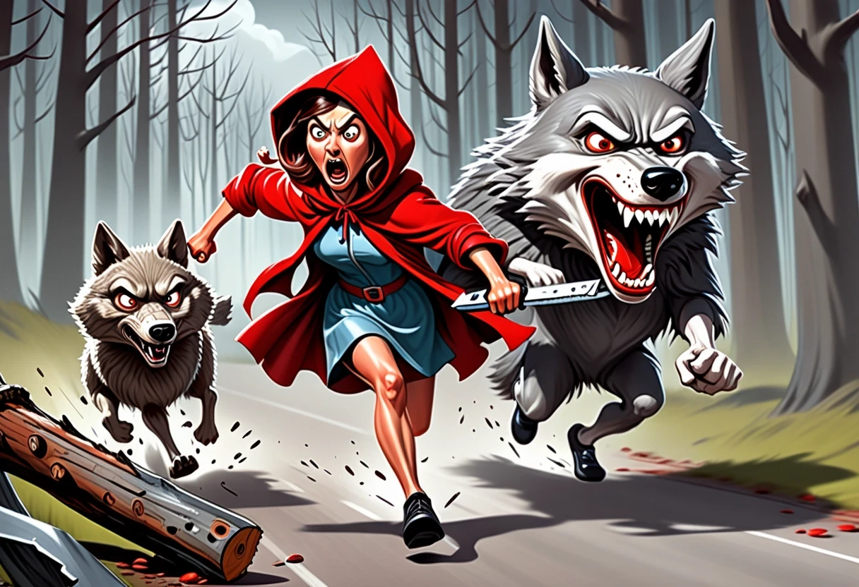 Humorous cartoon caricature style, Little Red Riding Hood with angry furious expression, wearing classic red hooded cloak, running aggressively and chasing the Big Bad Grey…