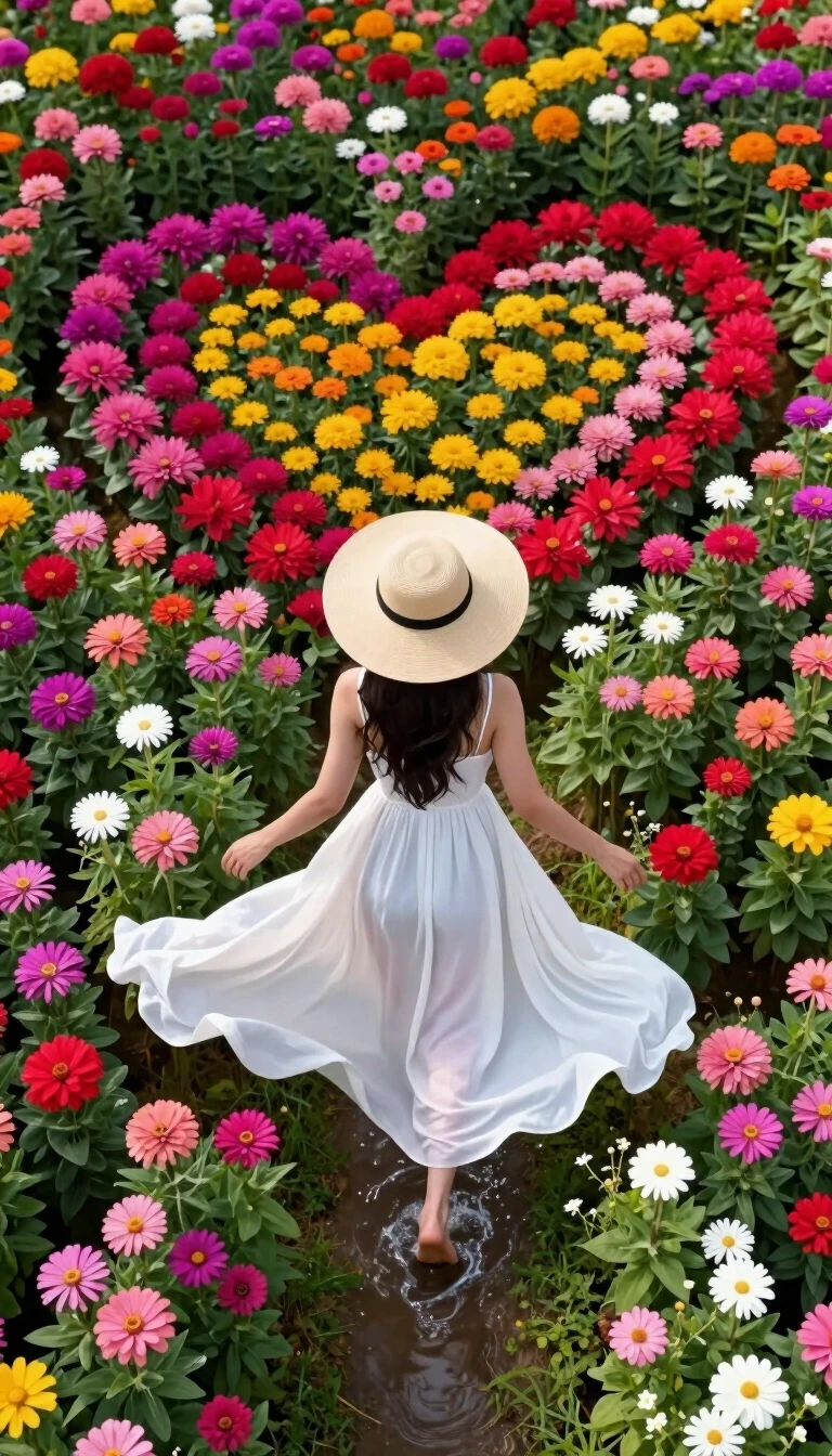 A mesmerizing top-down aerial view of a woman wearing a clad summer dress, and a large sun hat, her dress is very long, draping way behind her like flowing wind. She is wading…