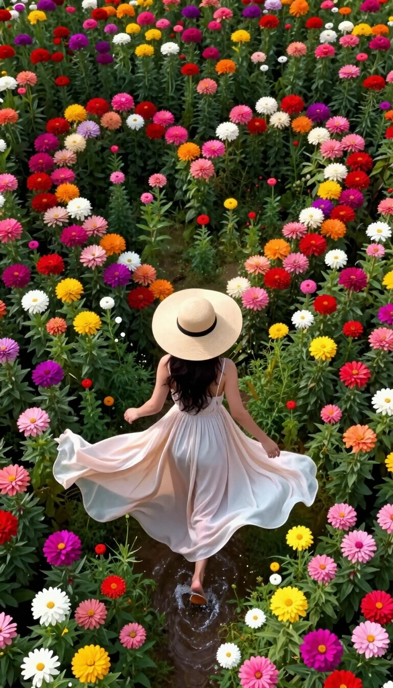 A mesmerizing top-down aerial view of a woman wearing a clad summer dress, and a large sun hat, her dress is very long, draping way behind her like flowing wind. She is wading…