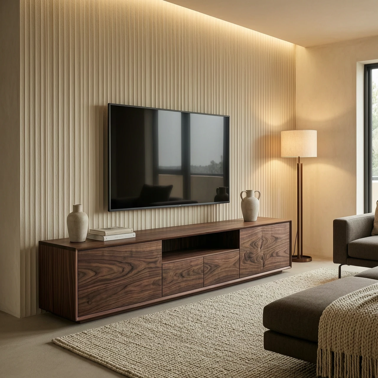 Modern minimalist living room interior, focus on a low media console (TV stand). The console is made of rich dark walnut wood with a natural matte texture and visible organic…