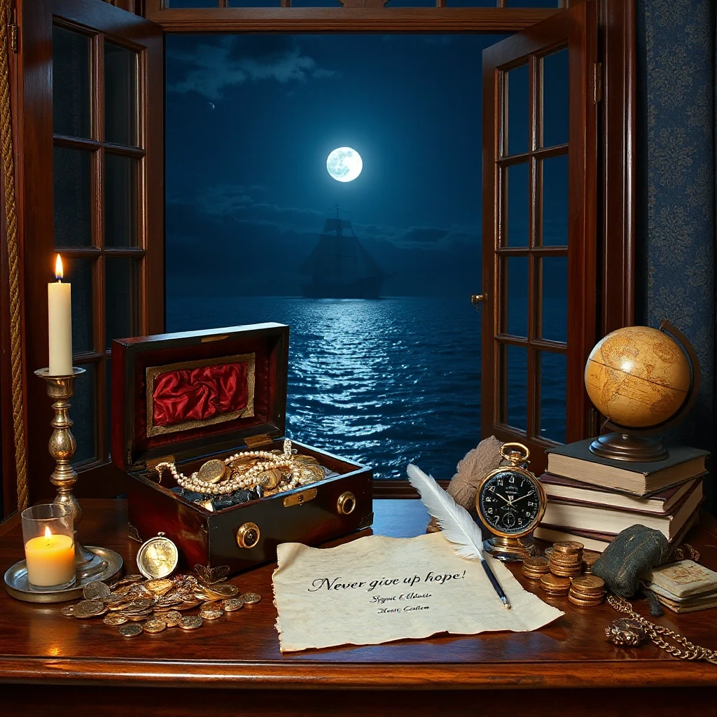 The window is open, and behind it is the night sea with the reflection of the moon, and in the distance the silhouette of a frigate. In front of the window is an antique 18th…