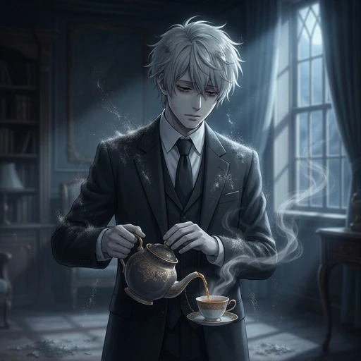 High-quality anime masterpiece, cinematic composition, a young man with pale ash-colored skin and melancholic eyes, dressed in a sharp, sophisticated dark formal suit. He is…