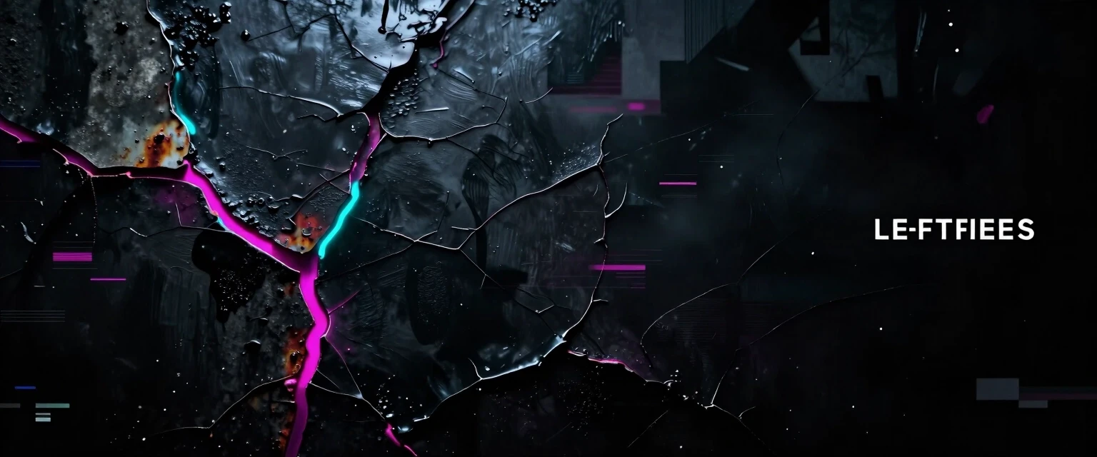Dark, atmospheric leftfield bass album cover: abstract close-up of a textured surface with clean, non-anthropomorphic fissures and layered materials (matte black paint, oxidized…