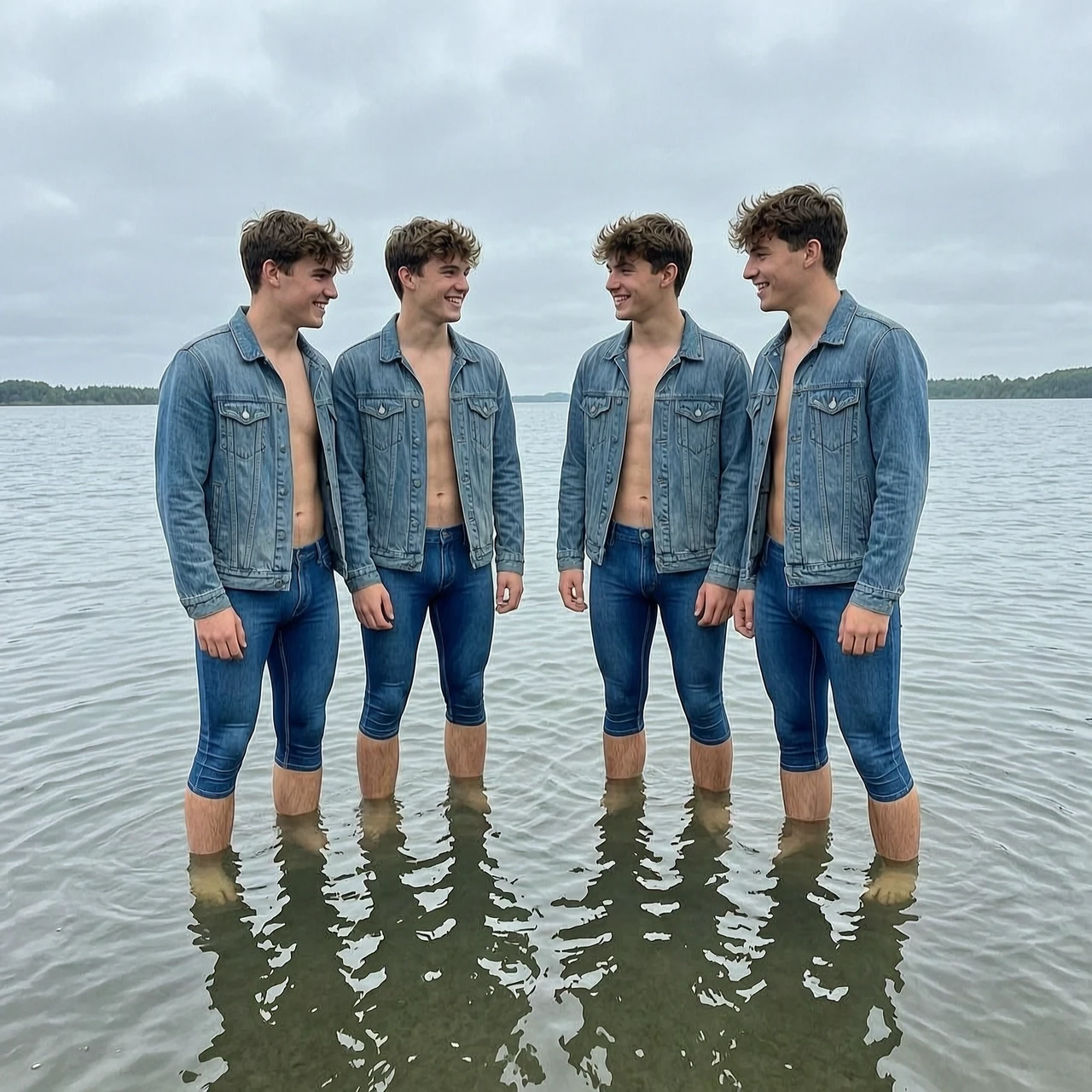 18-year-old guys in blue denim leggings are standing deep in the water — работа пользователя Блистательная Гравитация
