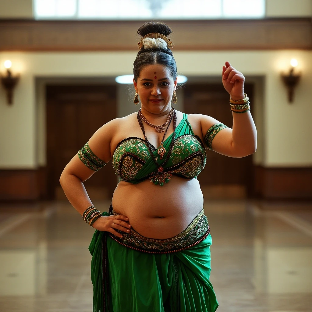 front view chubby belly dancer fifty years woman in green costume brown short ponytail hair stand in hall — работа пользователя Прекрасная Мантикора
