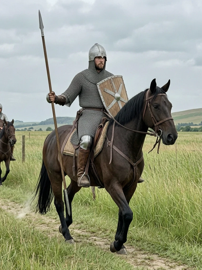 A knight in chain mail armor with a shield and spear rides a horse. — работа пользователя Молниеносная Песня