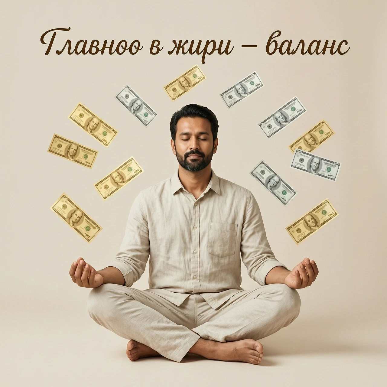 На изображении представлен мужчина, сидящий в классической позе лотоса. Эта поза символизирует спокойствие, гармонию и внутреннюю сосредоточенность. Вокруг медитирующего мужчины…