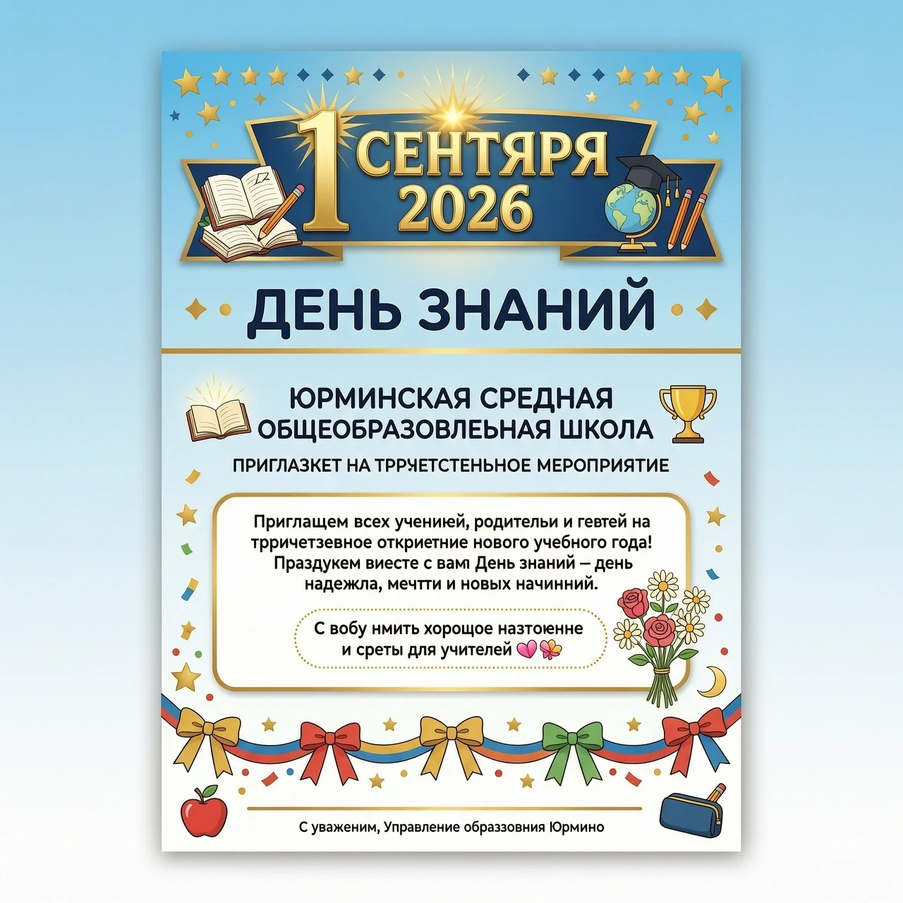 Объявление о школьном празднике 1 сентября 2026 Юрминская средняя общеобразовательная школа приглашает на торжественное мероприятие посвященное Дню Знаний С собой иметь хорошее…
