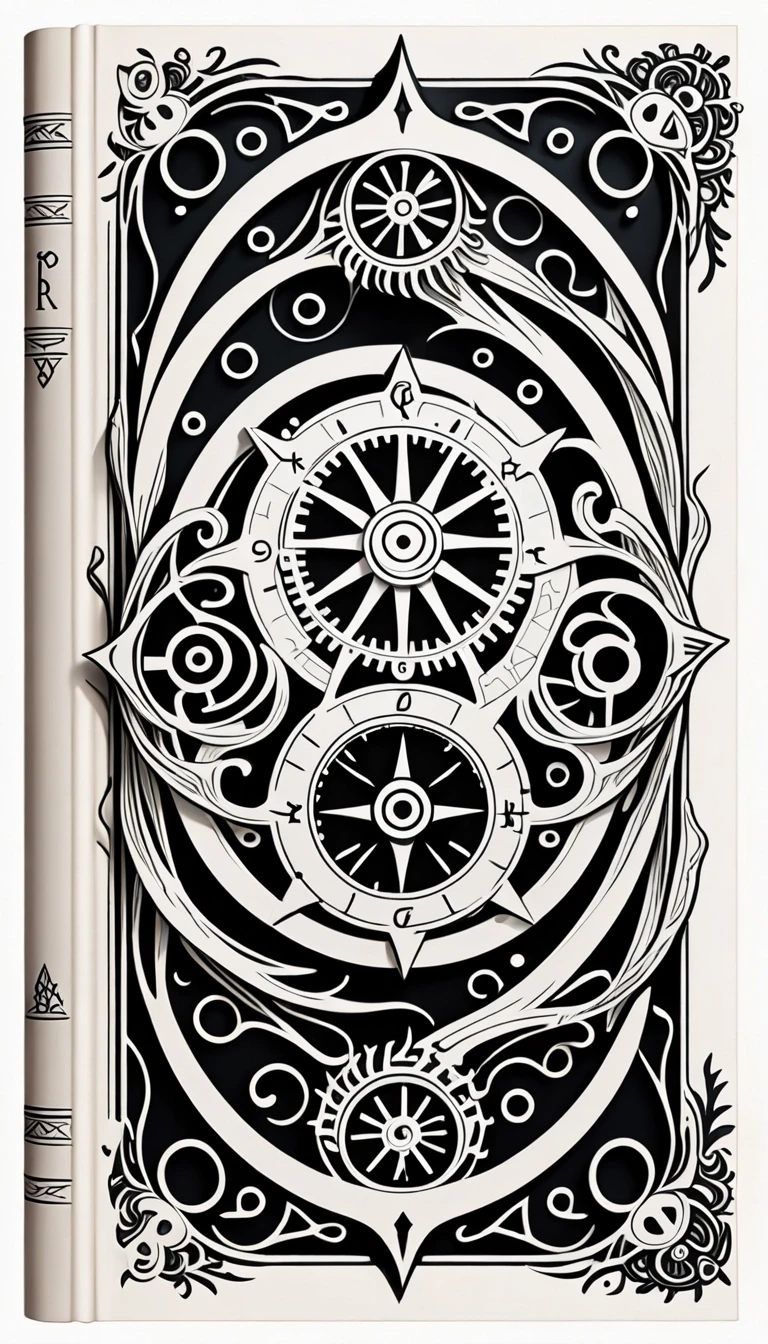 A symmetrical book chapter divider element, isolated on a solid white background. In the exact center, there is a tiny, elegant mechanical gear shift lever ornament with glowing…