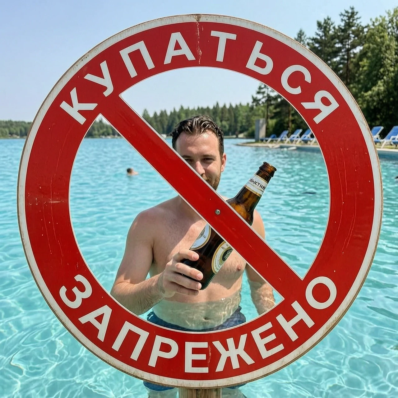 знак "купаться запрещено" внутри которого плавает человек с бутылкой пива — работа пользователя Изумительная Струна
