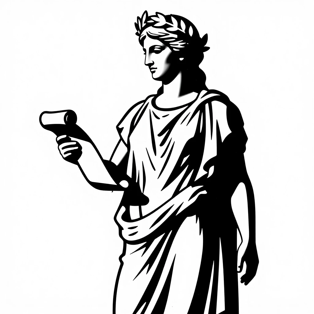 A black-and-white illustration, slightly from the side. The ancient Greek goddess Calliope, the patroness of epic poetry. In her hands — a single scroll, which reads as a simple…