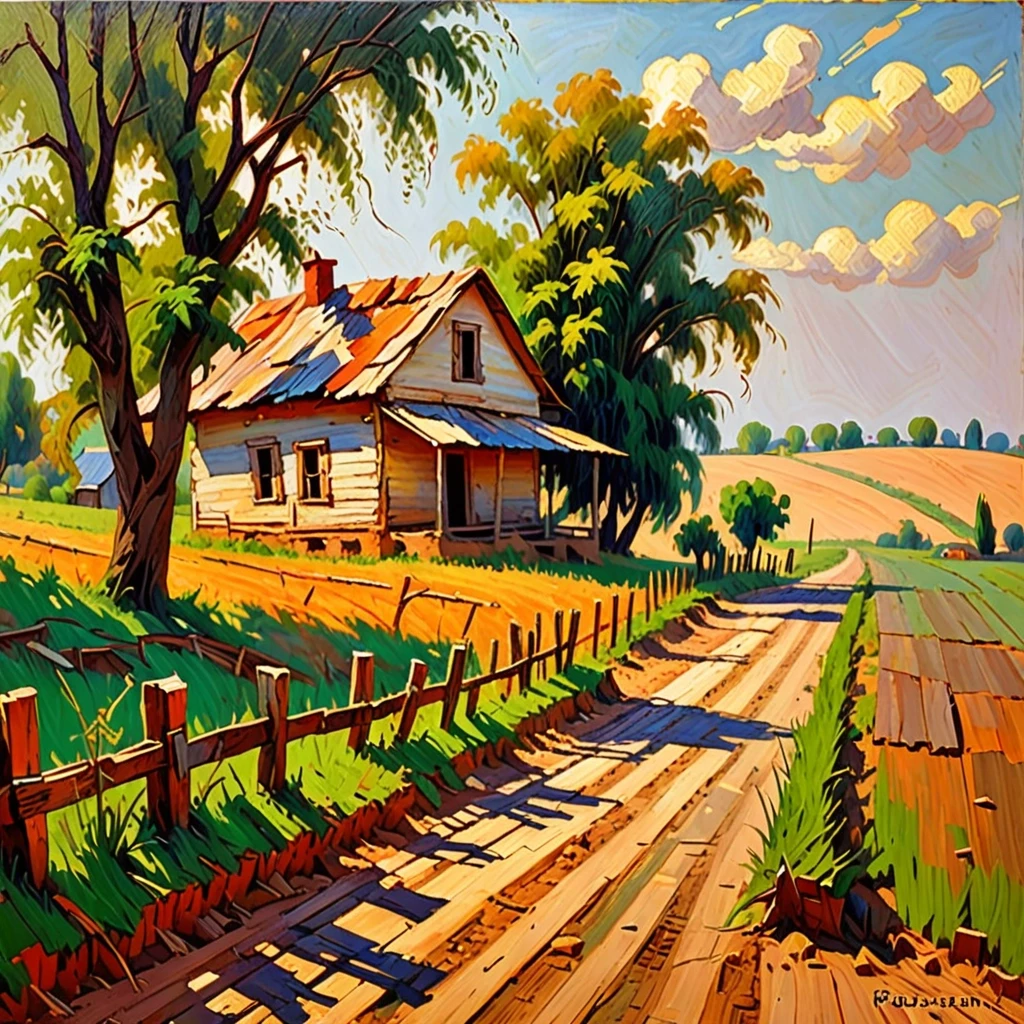 impressionist painting a modest rural plot. The sun-warmed wood of an old house - rickety from time to time; The road passing by is a dirt road, worn out by recent rains, but…