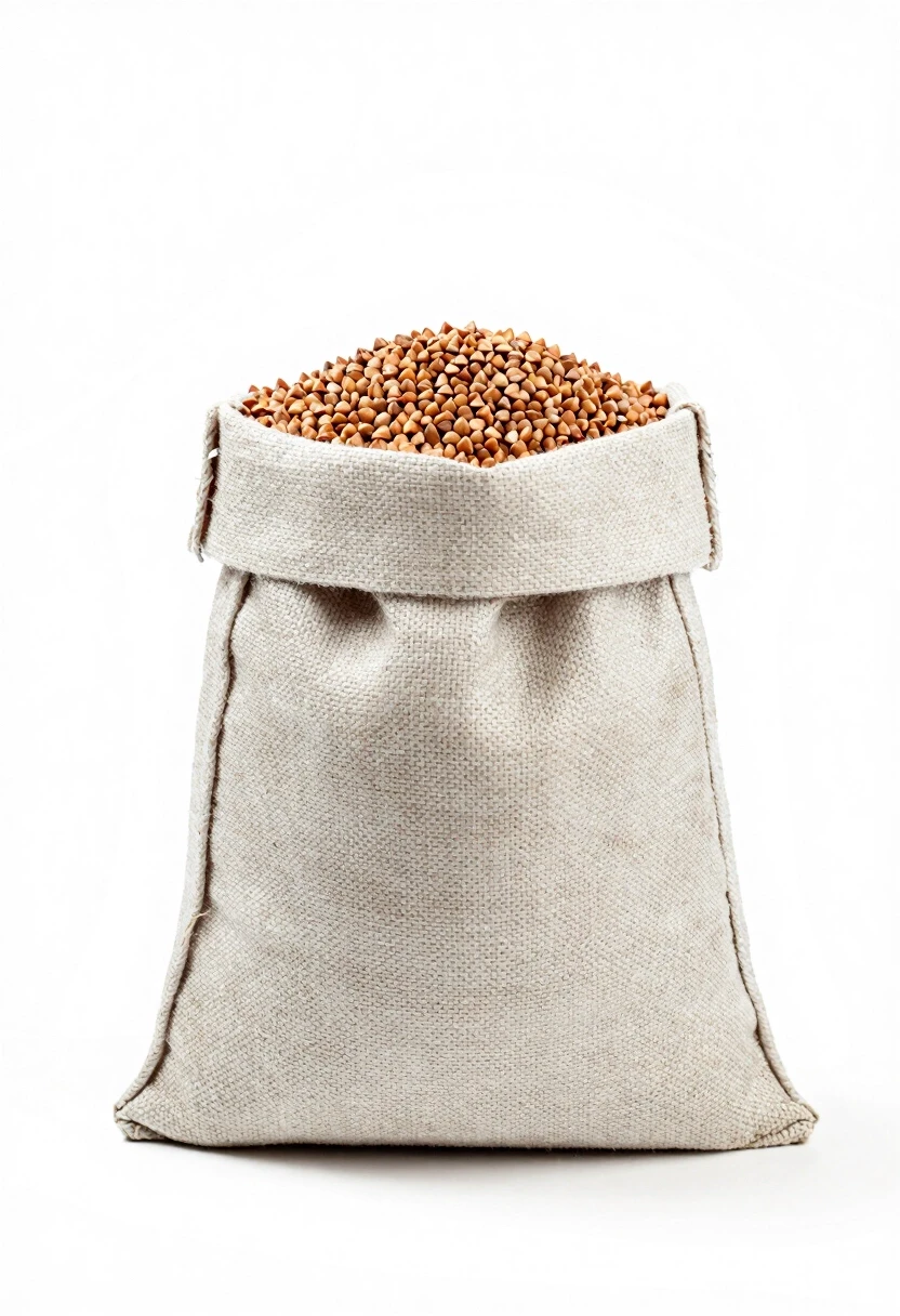 Professional graphics on a pristine white background. A tall, light-colored sack of buckwheat. — работа пользователя Радужный Чародей
